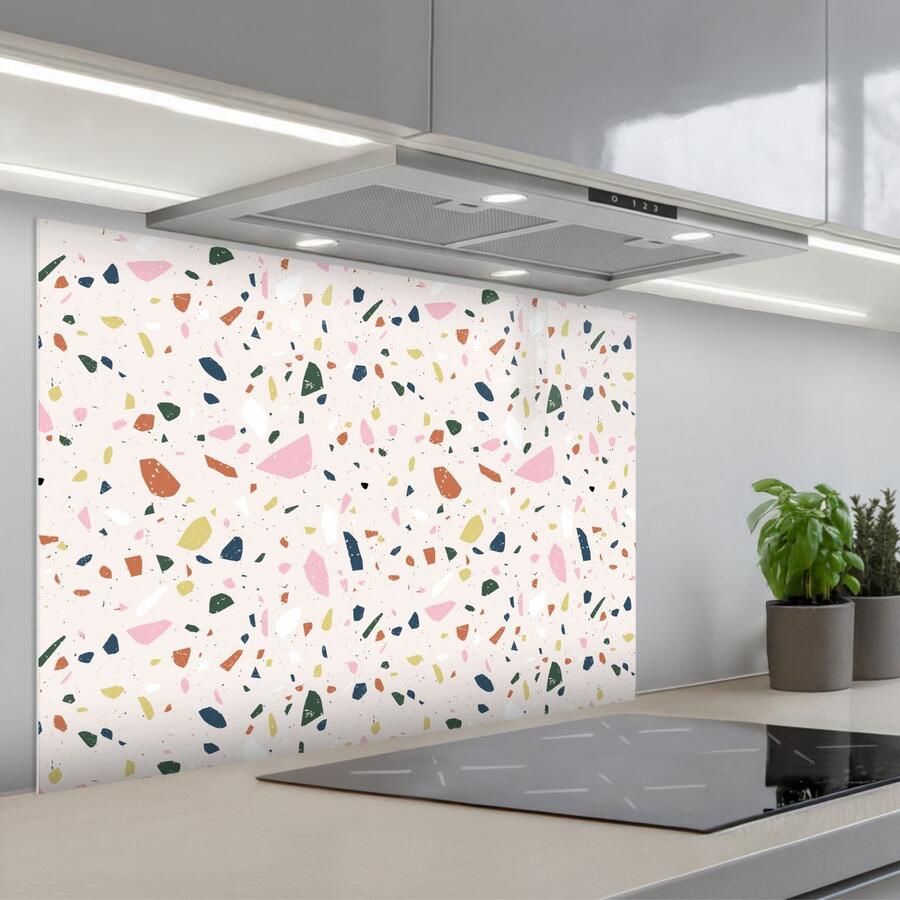 KitchenYeah Spatscherm 90x60 cm Zelfklevende achterwand Terrazzo Patroon Kleurrijk Keuken muurbeschermer Spatwand fornuis