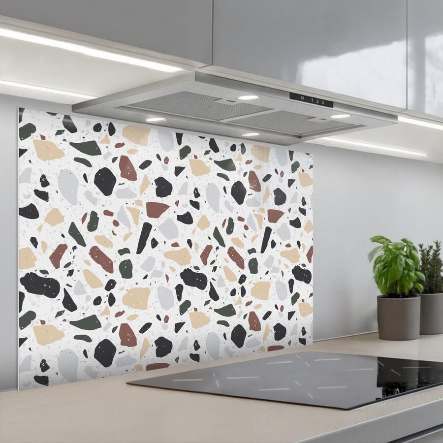 KitchenYeah Spatscherm 80x55 cm Zelfklevende achterwand Terrazzo Patroon Kleurrijk Klei Keuken muurbeschermer Spatwand fornuis
