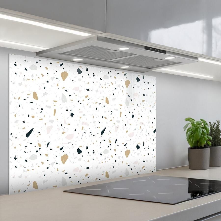 KitchenYeah Spatscherm 90x60 cm Zelfklevende achterwand Terrazzo Patroon Wit Neutraal Keuken muurbeschermer Spatwand fornuis