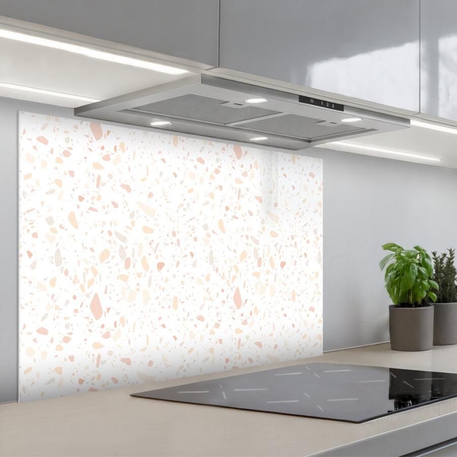 KitchenYeah Spatscherm 90x60 cm Zelfklevende achterwand Terrazzo Patroon Wit Perzik Keuken muurbeschermer Spatwand fornuis