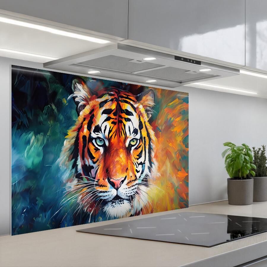 KitchenYeah Spatscherm 90x60 cm Zelfklevende achterwand Tijger Dieren Olieverf Kunst Keuken muurbeschermer Spatwand fornuis