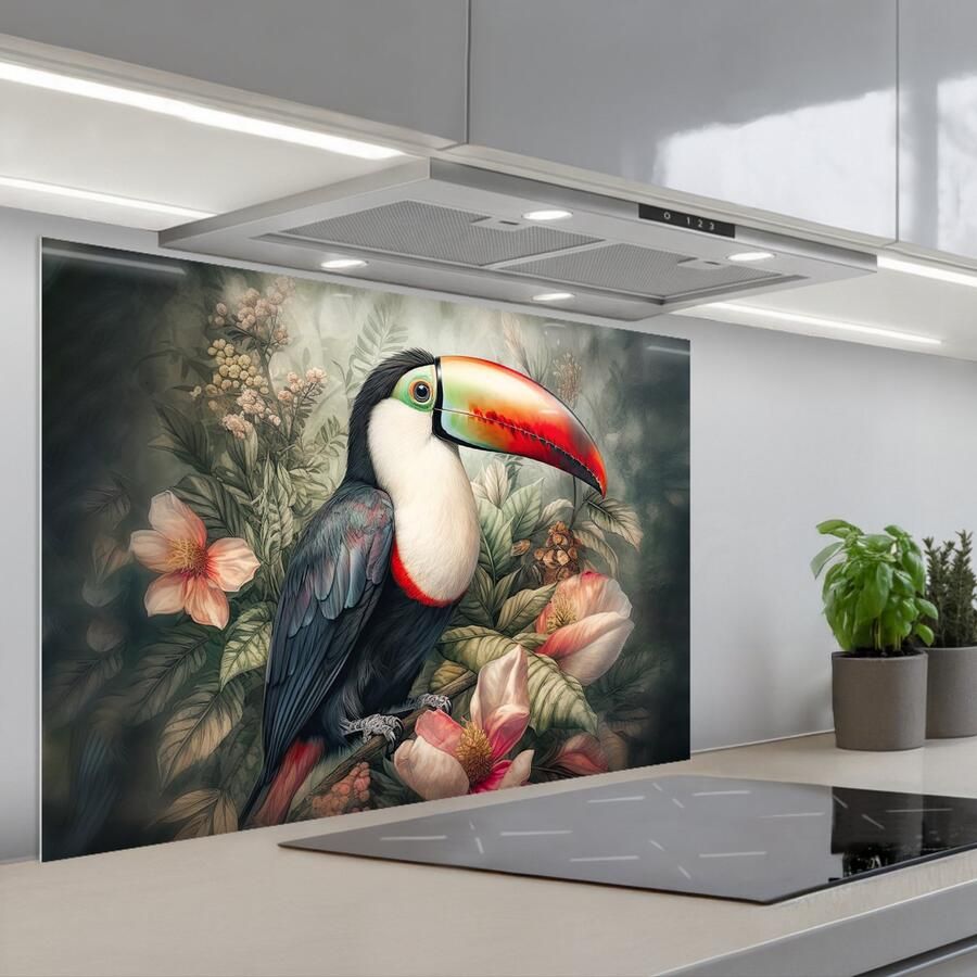 KitchenYeah Spatscherm 90x60 cm Zelfklevende achterwand Toekan Vogels Bloemen Planten Tropisch Keuken muurbeschermer Spatwand fornuis