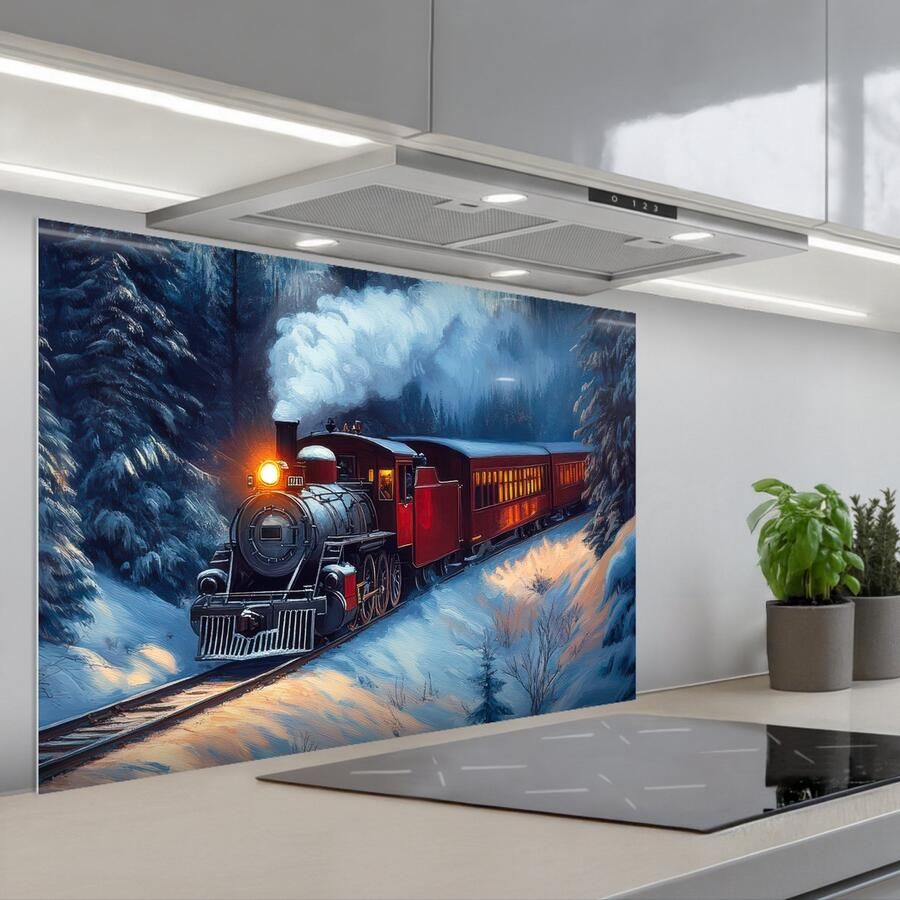 KitchenYeah Spatscherm 80x55 cm Zelfklevende achterwand Trein Kerst Sneeuw Kersttrein Keuken muurbeschermer Spatwand fornuis
