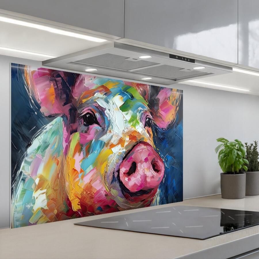 KitchenYeah Spatscherm 90x60 cm Zelfklevende achterwand Varken Olieverf Dieren Kunst Keuken muurbeschermer Spatwand fornuis