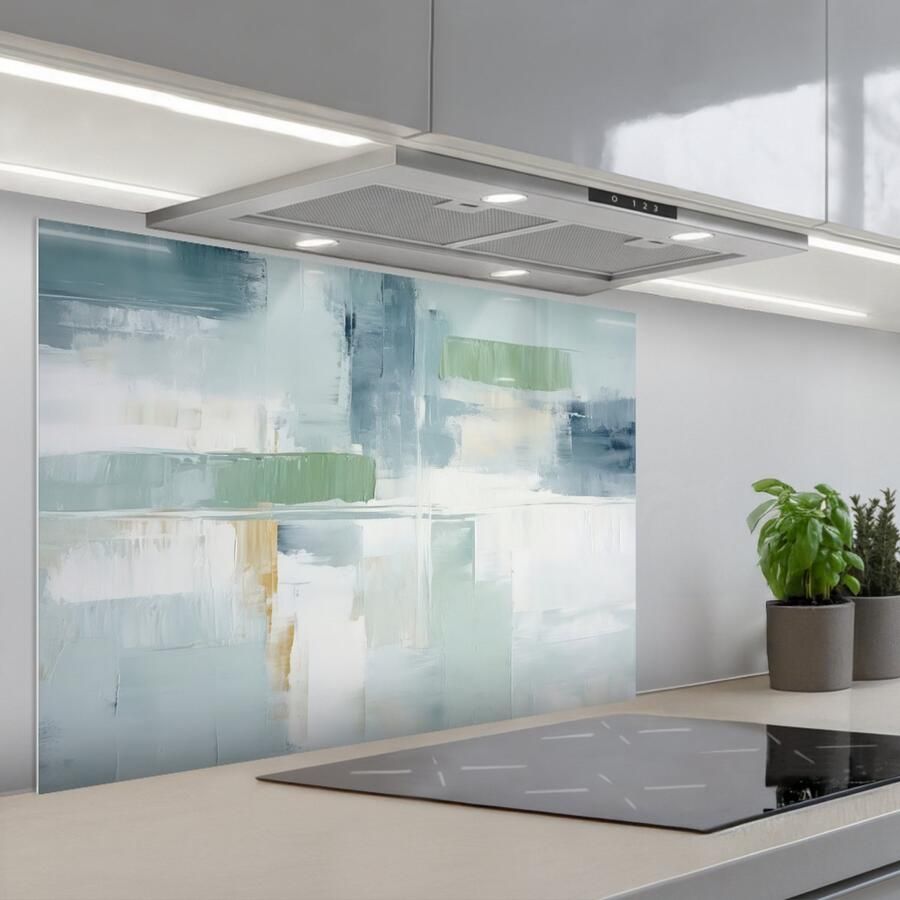 KitchenYeah Spatscherm 90x60 cm Zelfklevende achterwand Verf Moderne kunst Abstract Grijs Keuken muurbeschermer Spatwand fornuis