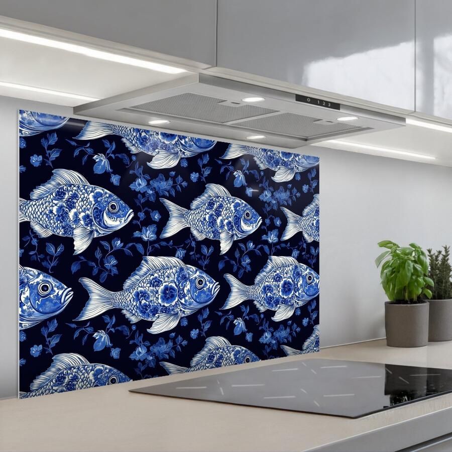 KitchenYeah Spatscherm 90x60 cm Zelfklevende achterwand Vissen Bloemen Blauw Keuken muurbeschermer Spatwand fornuis