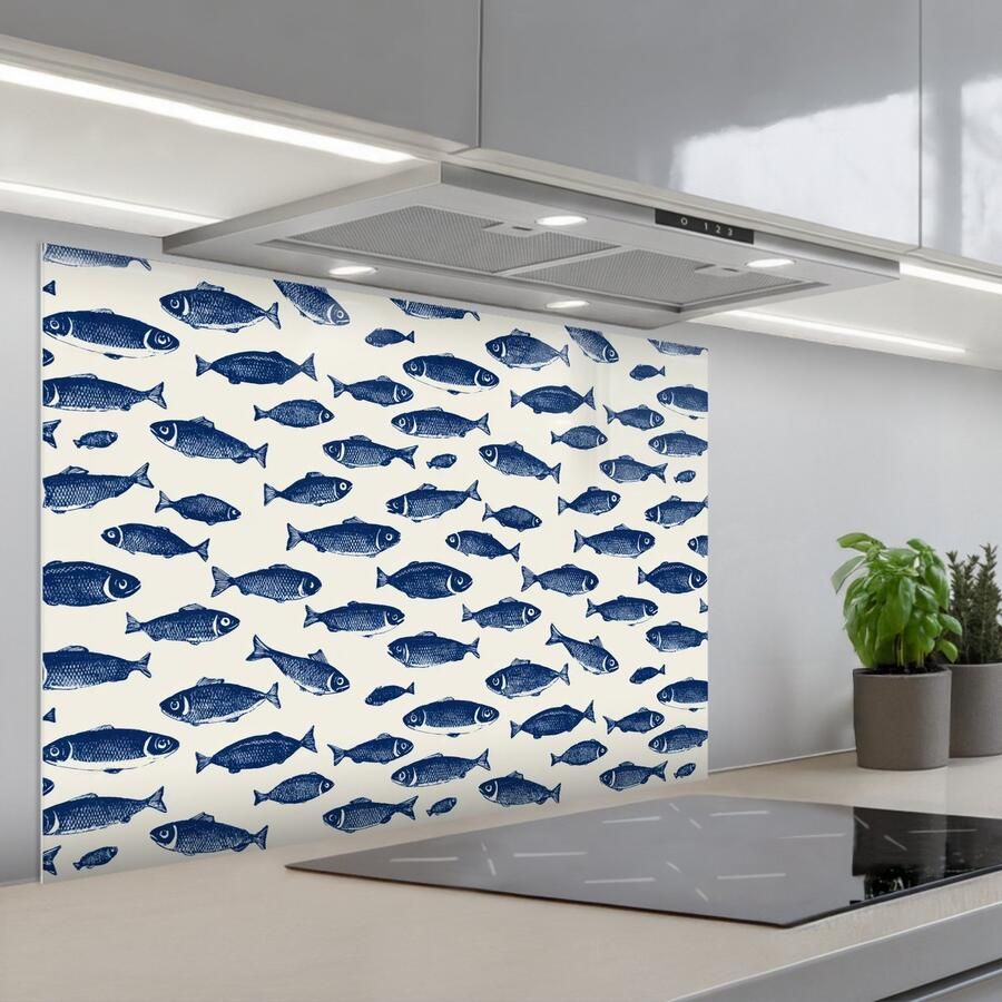 KitchenYeah Spatscherm 90x60 cm Zelfklevende achterwand Vissen Patroon Blauw Wit Keuken muurbeschermer Spatwand fornuis