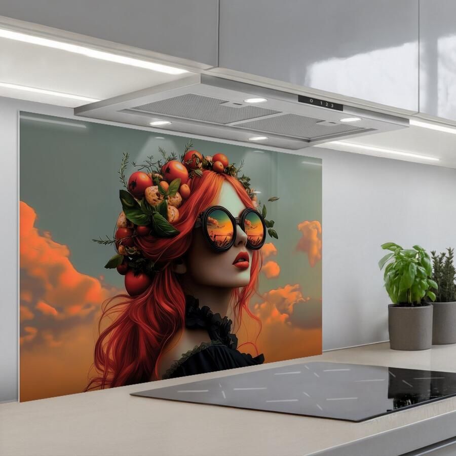 KitchenYeah Spatscherm 80x55 cm Zelfklevende achterwand Vrouw Kroon Tomaat Bascilicum Zonnebril Keuken muurbeschermer Spatwand fornuis