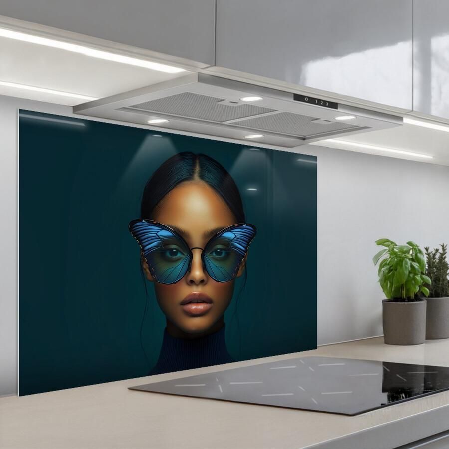 KitchenYeah Spatscherm 90x60 cm Zelfklevende achterwand Vrouw Vlinder Bril Blauw Modern Portret Keuken muurbeschermer Spatwand fornuis