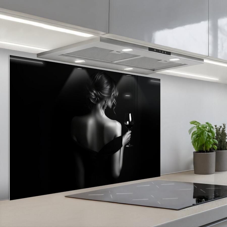 KitchenYeah Spatscherm 80x55 cm Zelfklevende achterwand Vrouw Wijn Jurk Keuken muurbeschermer Spatwand fornuis - Foto 1