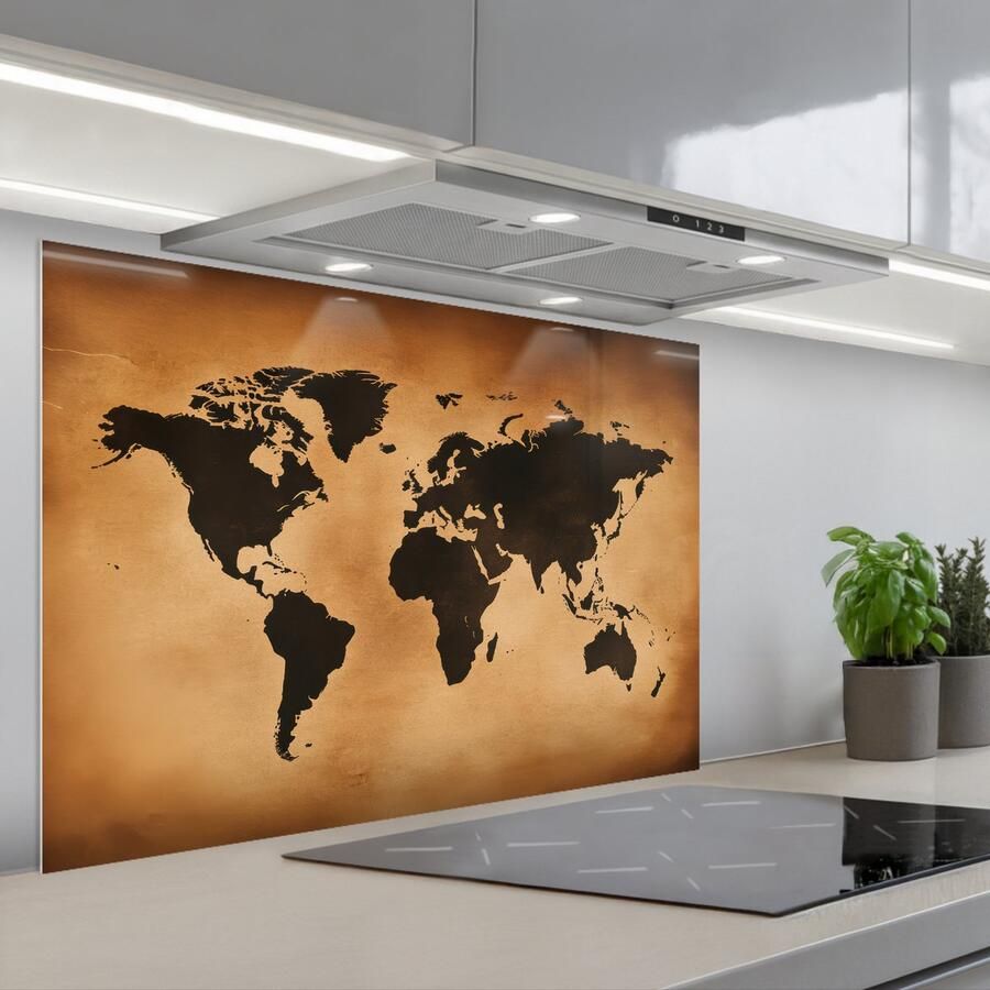 KitchenYeah Spatscherm 80x55 cm Zelfklevende achterwand Wereldkaart Bruin Kaart Keuken muurbeschermer Spatwand fornuis - Foto 1