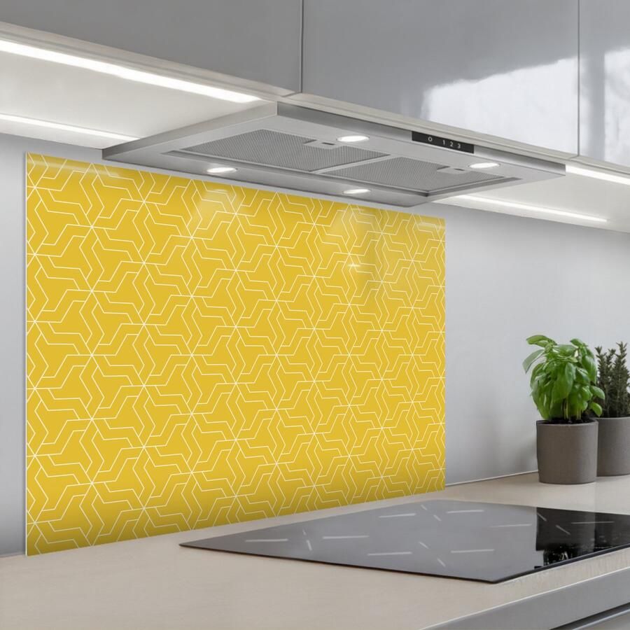 KitchenYeah Spatscherm 80x55 cm Zelfklevende achterwand Wit Geel Patroon Geometrisch Keuken muurbeschermer Spatwand fornuis