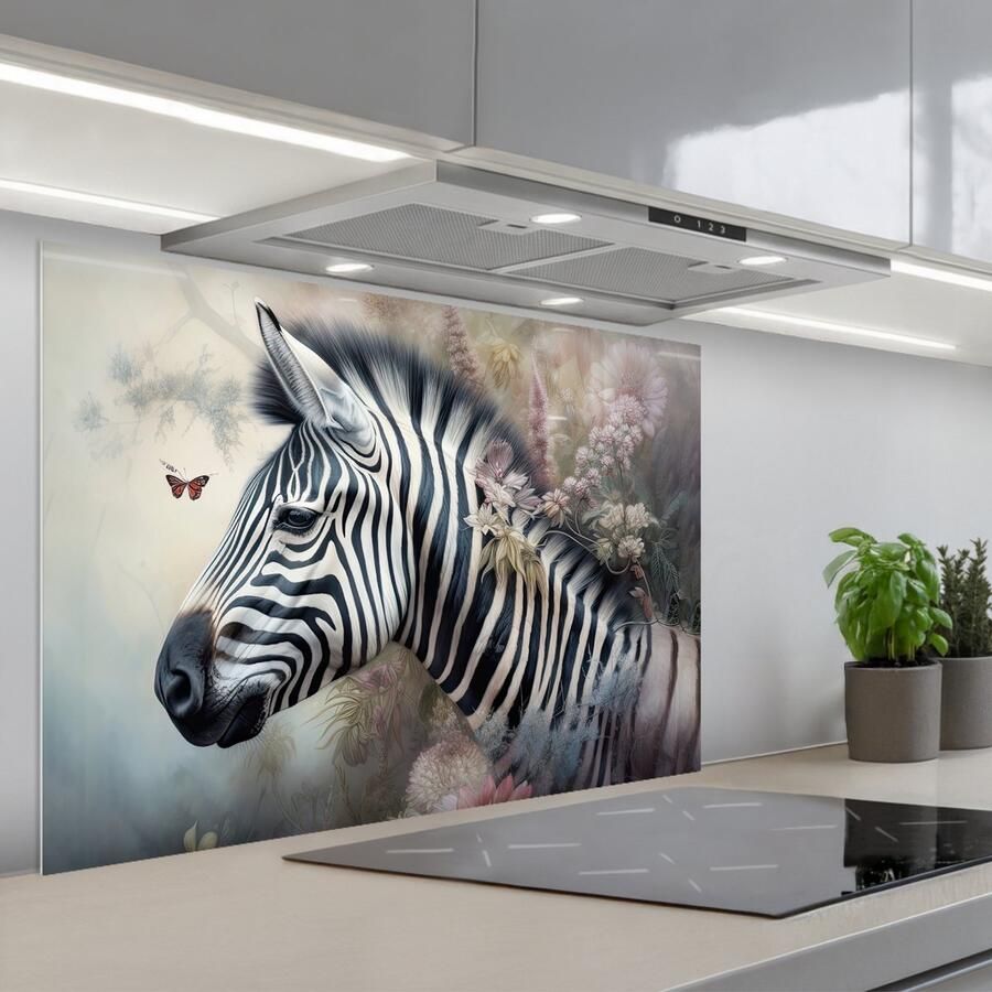 KitchenYeah Spatscherm 90x60 cm Zelfklevende achterwand Zebra Wilde dieren Vlinder Bloemen Keuken muurbeschermer Spatwand fornuis