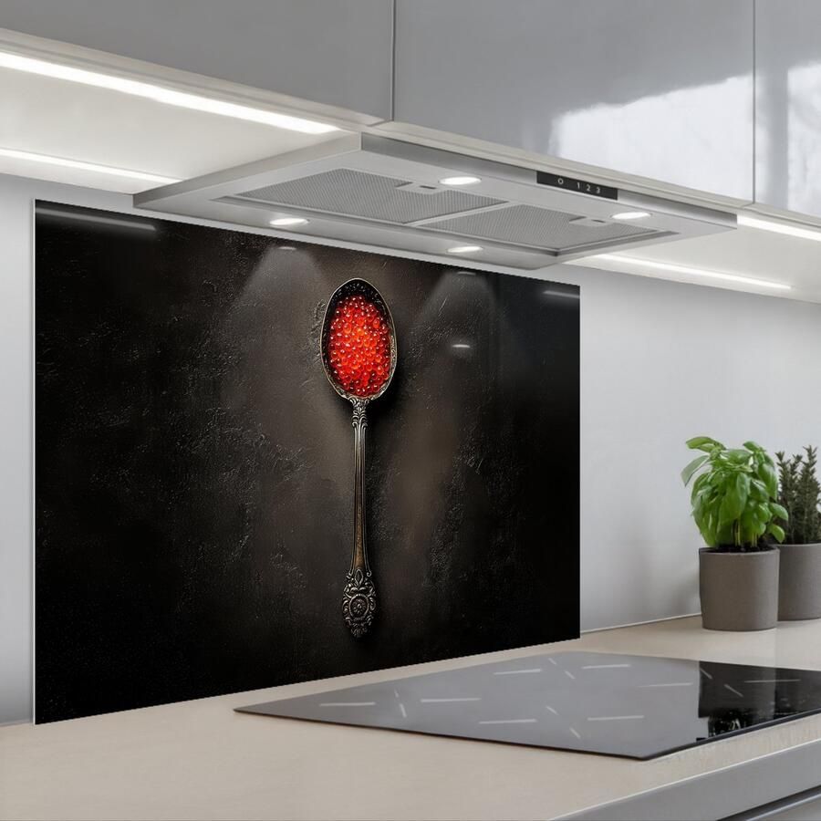 KitchenYeah Spatscherm 90x60 cm Zelfklevende achterwand Zwart Lepel Caviar Keuken muurbeschermer Spatwand fornuis