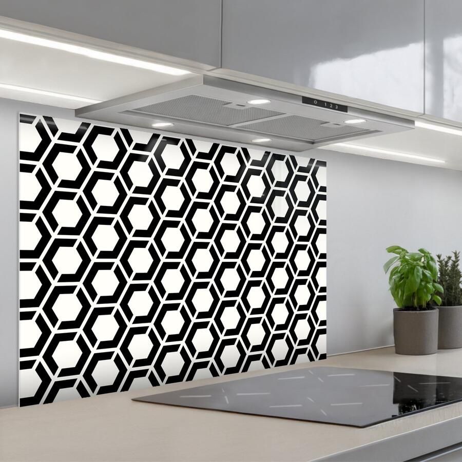 KitchenYeah Spatscherm 80x55 cm Zelfklevende achterwand Zwart Wit Geometrisch Patroon Keuken muurbeschermer Spatwand fornuis