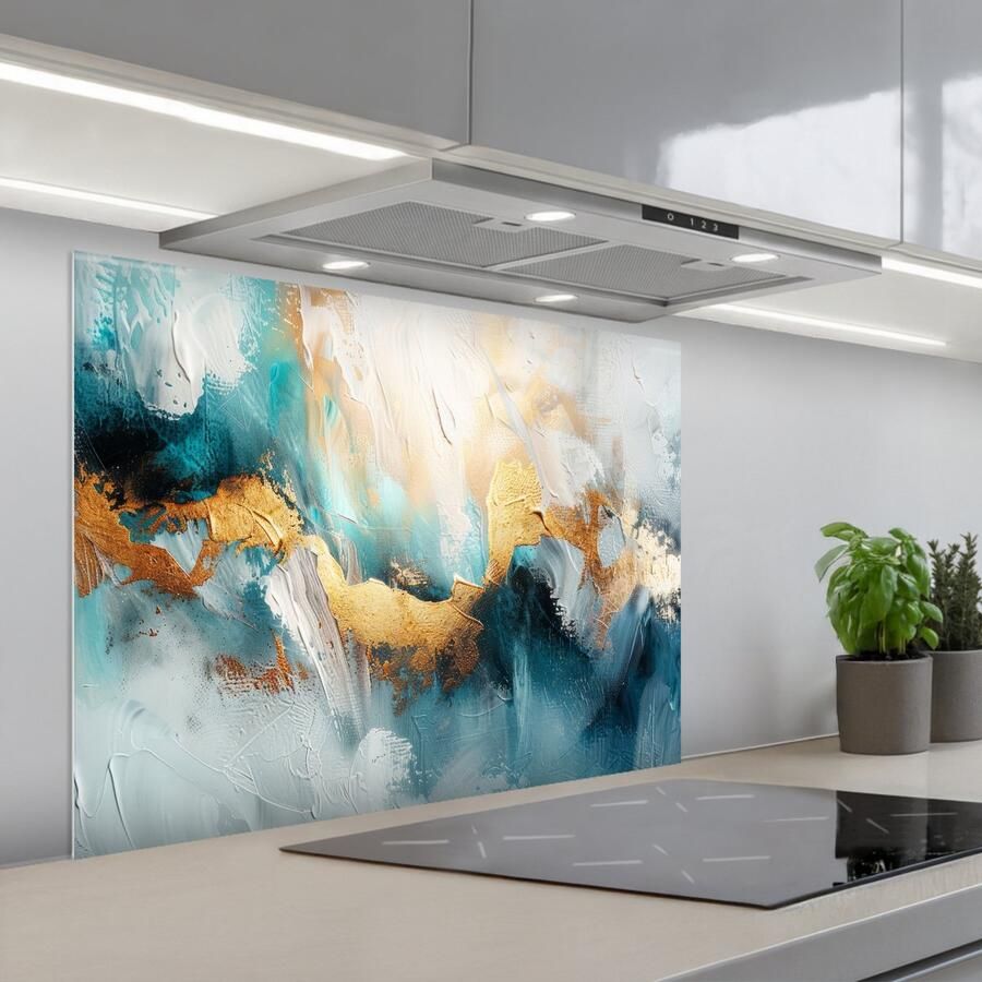 KitchenYeah Spatscherm 80x60 cm Zelfklevende achterwand Abstract Kunst Gold Blauw Keuken muurbeschermer Spatwand fornuis