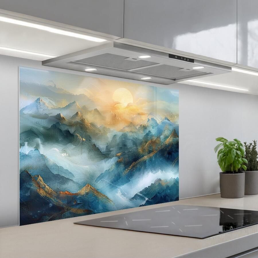 KitchenYeah Spatscherm 80x60 cm Zelfklevende achterwand Abstract Landschap Bergen Blauw Modern Keuken muurbeschermer Spatwand fornuis