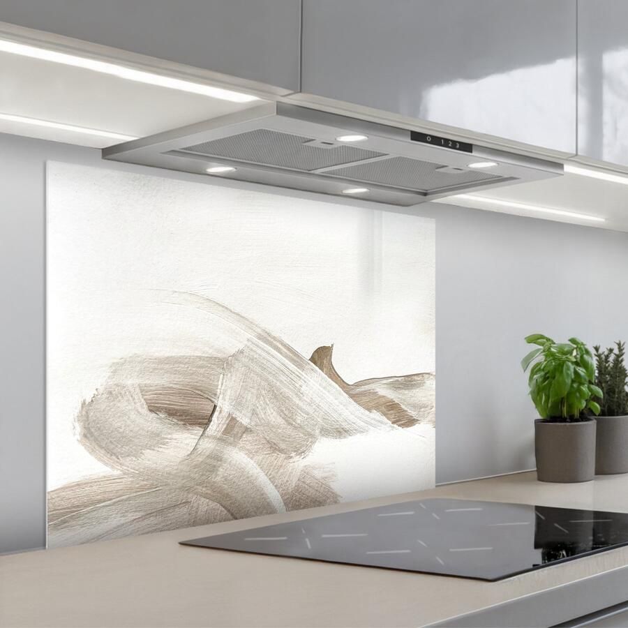 KitchenYeah Spatscherm 80x60 cm Zelfklevende achterwand Abstract Moderne kunst Beige Keuken muurbeschermer Spatwand fornuis