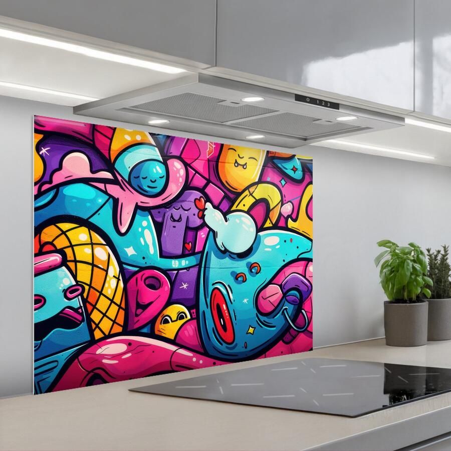 KitchenYeah Spatscherm 80x60 cm Zelfklevende achterwand Abstract Neon Design Kleurrijk Graffiti Keuken muurbeschermer Spatwand fornuis