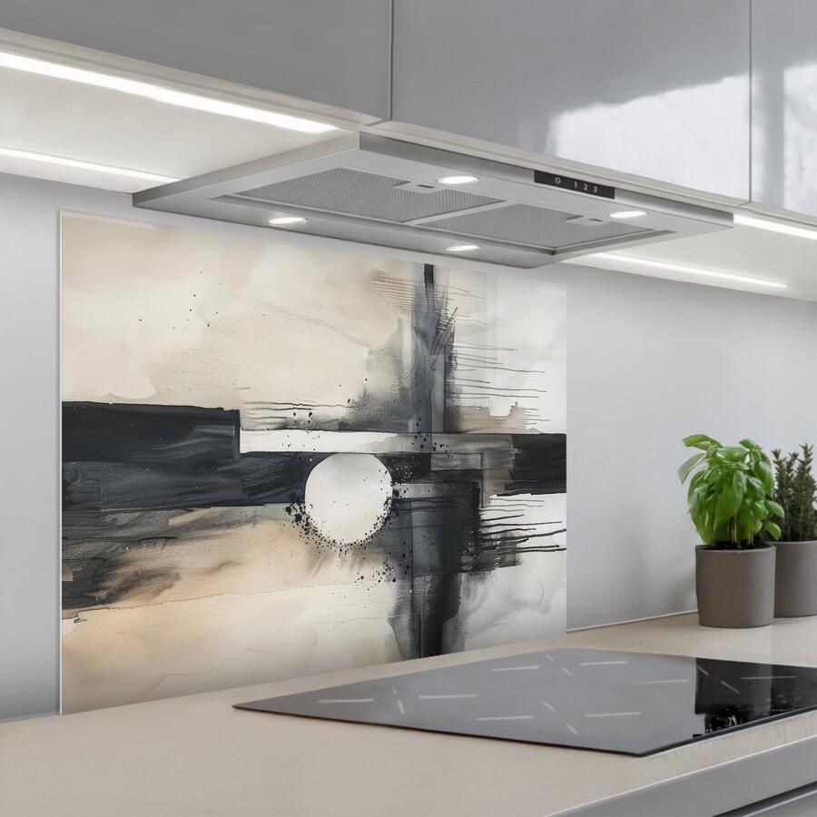 KitchenYeah Spatscherm 80x60 cm Zelfklevende achterwand Abstract Zwart wit Verf Modern Keuken muurbeschermer Spatwand fornuis