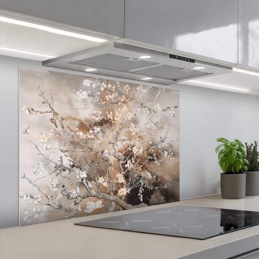 KitchenYeah Spatscherm 80x60 cm Zelfklevende achterwand Amandelbloesem Kunst Van Gogh Beige Abstract Keuken muurbeschermer Spatwand fornuis