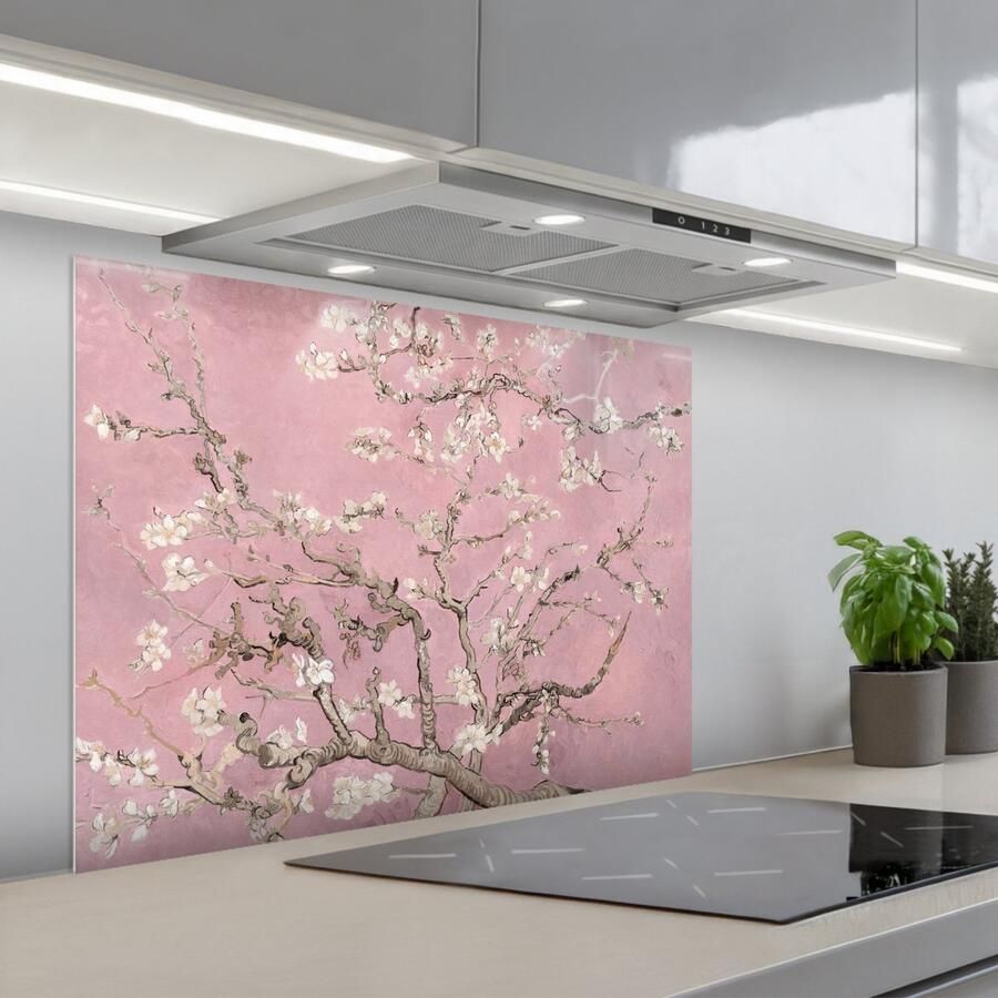 KitchenYeah Spatscherm 80x60 cm Zelfklevende achterwand Amandelbloesem Kunst Van Gogh Roze Keuken muurbeschermer Spatwand fornuis