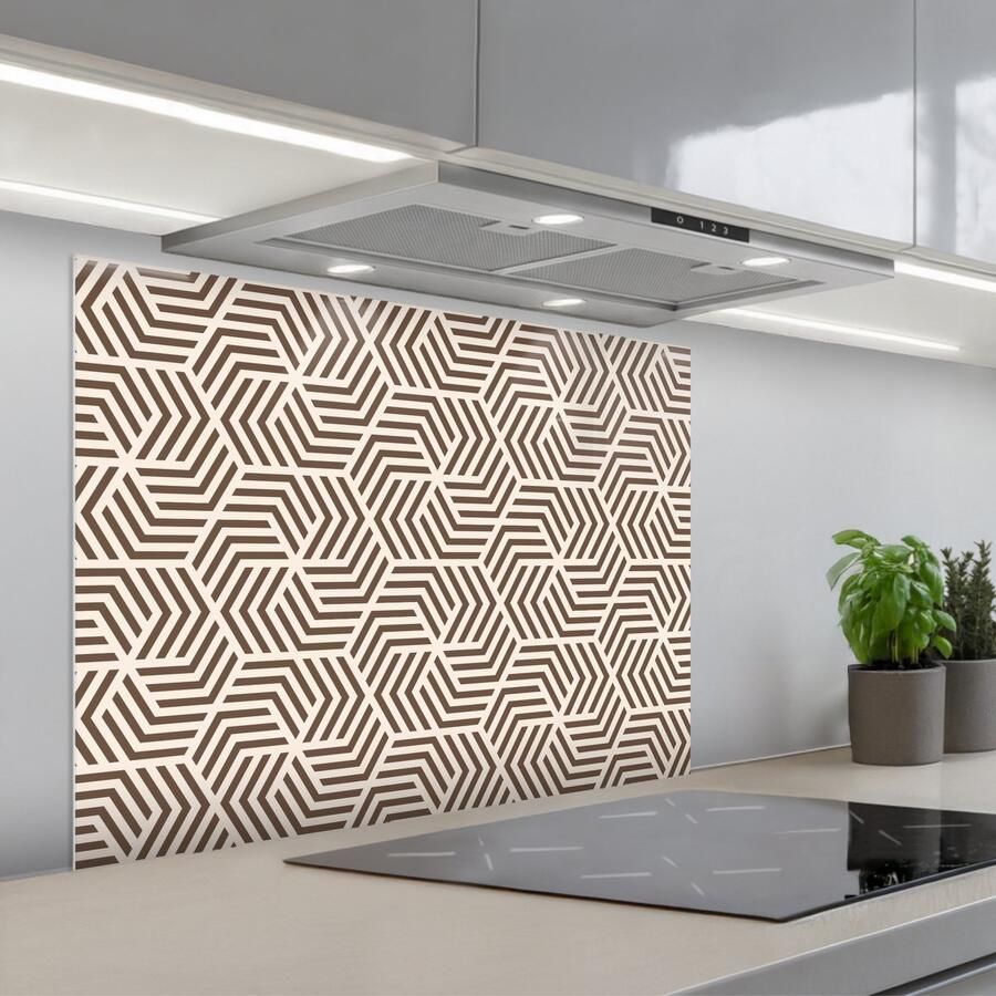 KitchenYeah Spatscherm 90x70 cm Zelfklevende achterwand Beige Bruin Patroon Strepen Keuken muurbeschermer Spatwand fornuis