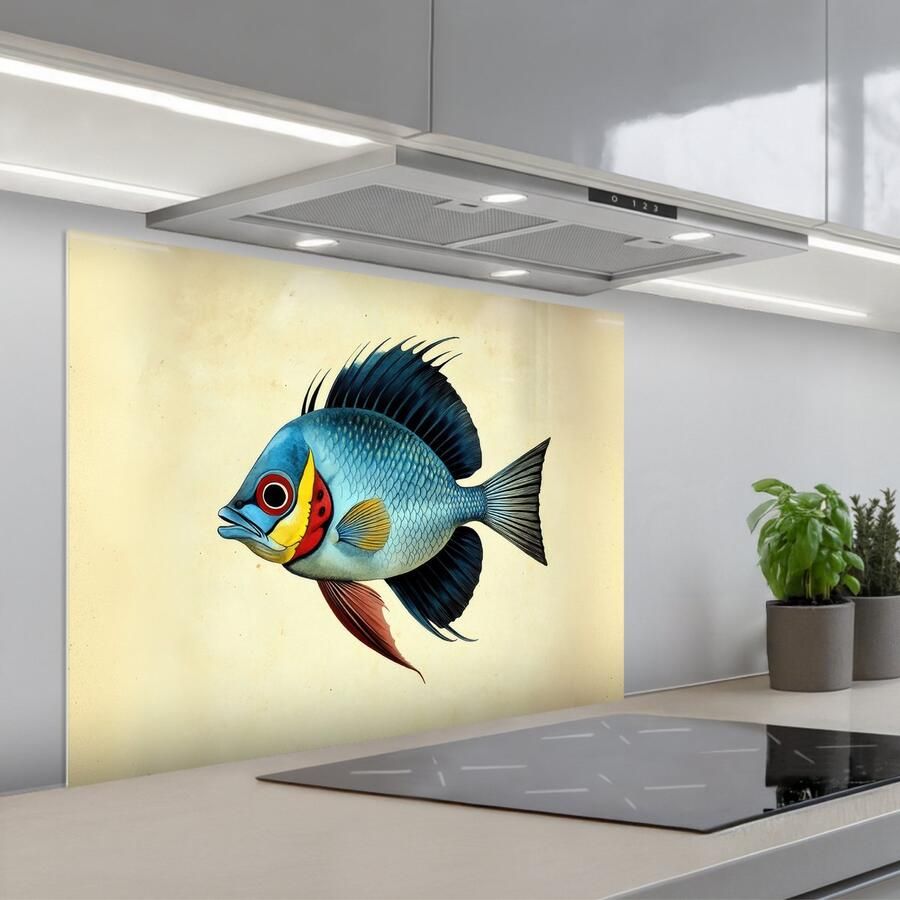 KitchenYeah Spatscherm 80x60 cm Zelfklevende achterwand Blauw Kieuwen Vis Illustratie Keuken muurbeschermer Spatwand fornuis