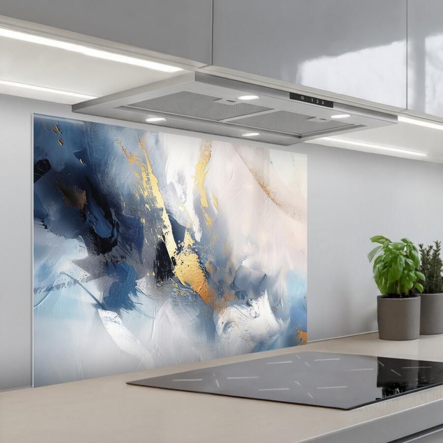 KitchenYeah Spatscherm 80x60 cm Zelfklevende achterwand Blauw Modern Marmer print Abstract Goud Keuken muurbeschermer Spatwand fornuis
