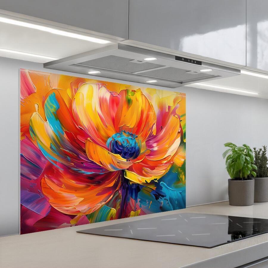 KitchenYeah Spatscherm 80x60 cm Zelfklevende achterwand Bloem Verflook Modern Abstract Kleuren Keuken muurbeschermer Spatwand fornuis