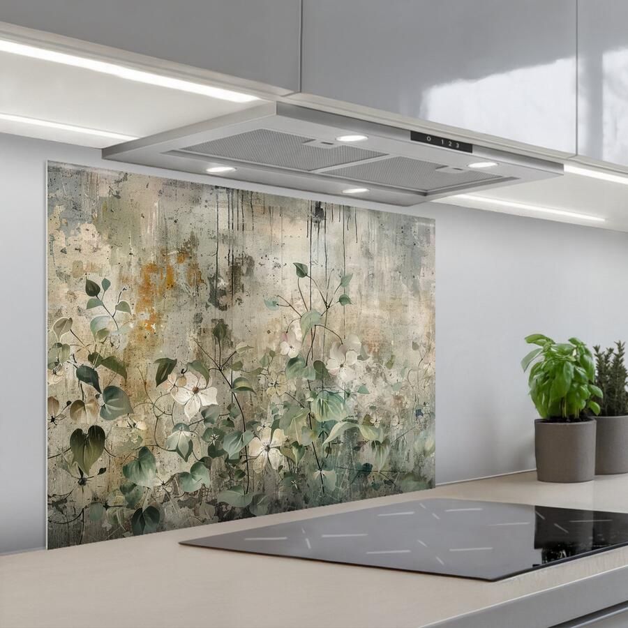 KitchenYeah Spatscherm 80x60 cm Zelfklevende achterwand Bloemen Bladeren Abstract Modern Keuken muurbeschermer Spatwand fornuis