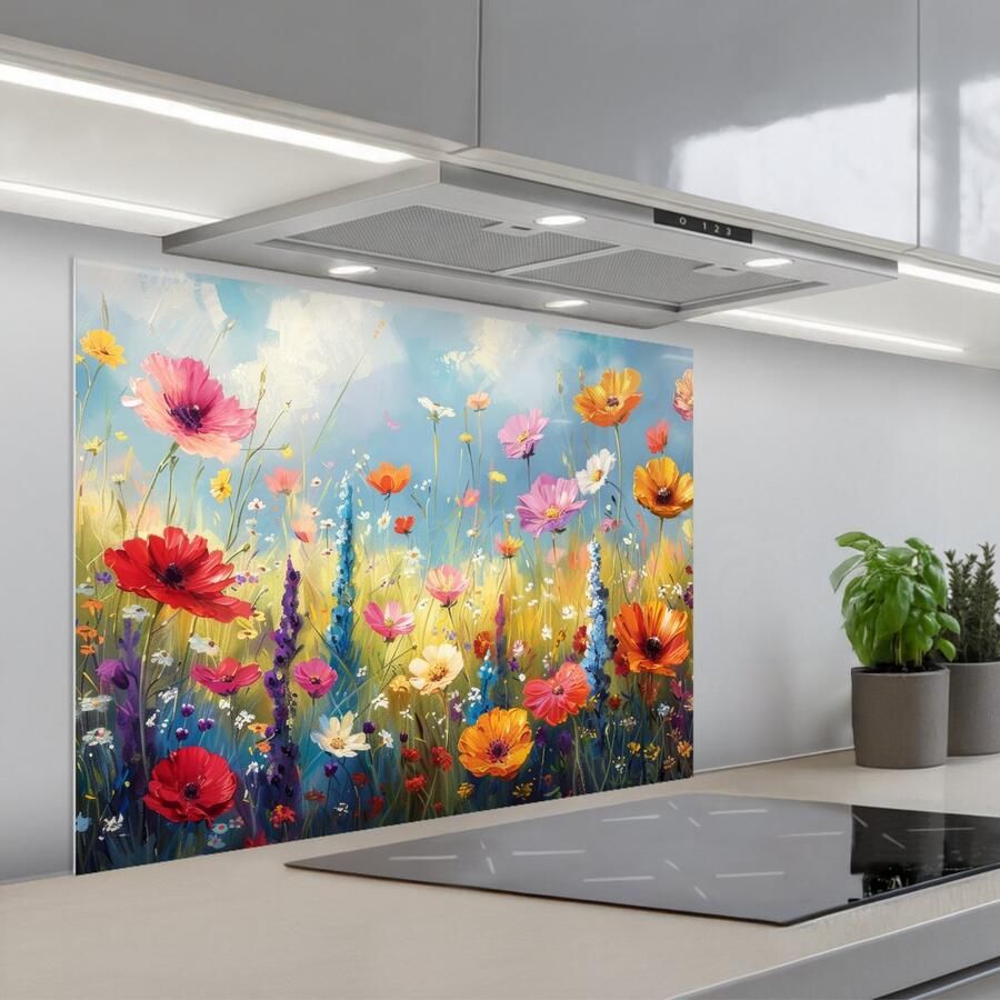 KitchenYeah Spatscherm 80x60 cm Zelfklevende achterwand Bloemen Natuur Botanisch Kunst Keuken muurbeschermer Spatwand fornuis