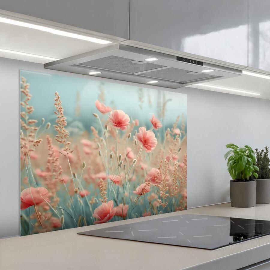 KitchenYeah Spatscherm 80x60 cm Zelfklevende achterwand Bloemen Natuur Klaprozen Bloemenveld Keuken muurbeschermer Spatwand fornuis