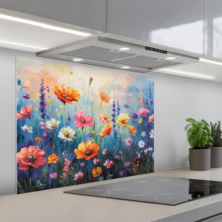 KitchenYeah Spatscherm 80x60 cm Zelfklevende achterwand Bloemen Natuur Waterverf Kunst Keuken muurbeschermer Spatwand fornuis