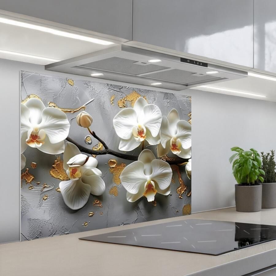 KitchenYeah Spatscherm 80x60 cm Zelfklevende achterwand Bloemen Orchidee Abstract Modern Keuken muurbeschermer Spatwand fornuis