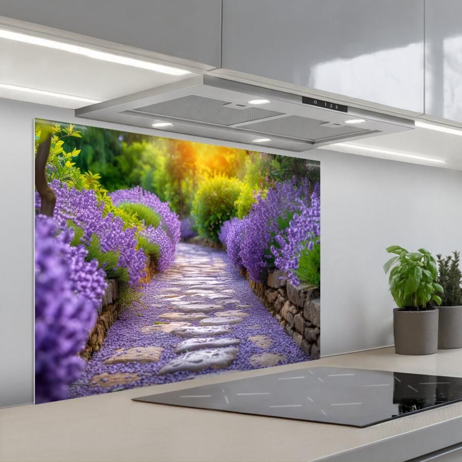 KitchenYeah Spatscherm 80x60 cm Zelfklevende achterwand Bloemen Pad lavendel Tuin Keuken muurbeschermer Spatwand fornuis