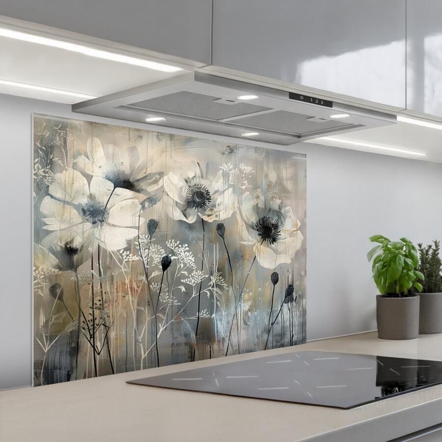 KitchenYeah Spatscherm 80x60 cm Zelfklevende achterwand Bloemen Planten Grijs Abstract Keuken muurbeschermer Spatwand fornuis