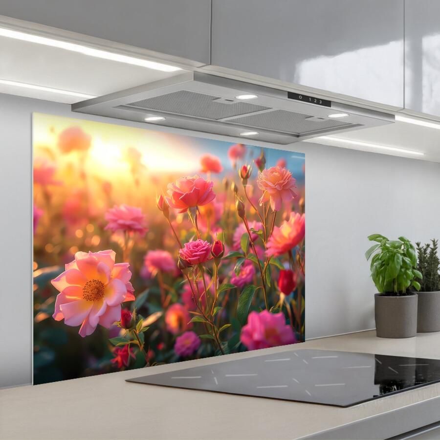 KitchenYeah Spatscherm 80x60 cm Zelfklevende achterwand Bloemen Rozen Natuur Roze Bloem Keuken muurbeschermer Spatwand fornuis