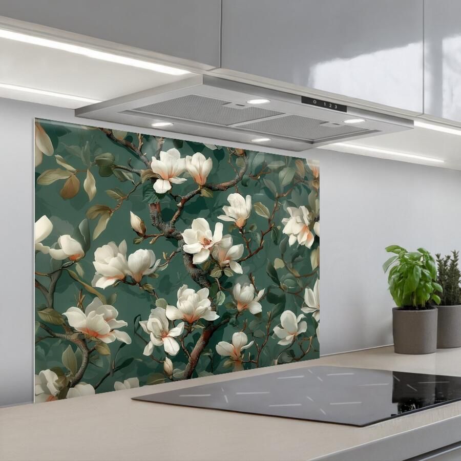 KitchenYeah Spatscherm 80x60 cm Zelfklevende achterwand Bloemen Takken Wit Klassiek Keuken muurbeschermer Spatwand fornuis