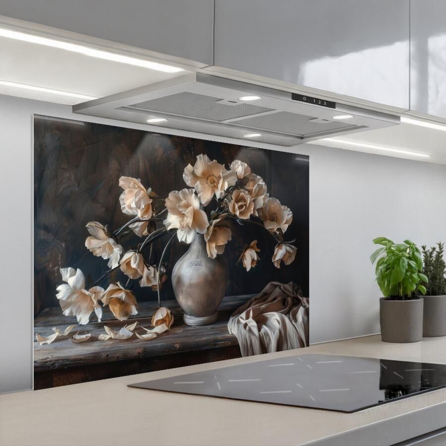 KitchenYeah Spatscherm 80x60 cm Zelfklevende achterwand Bloemen Vaas Kunst Stilleven Keuken muurbeschermer Spatwand fornuis
