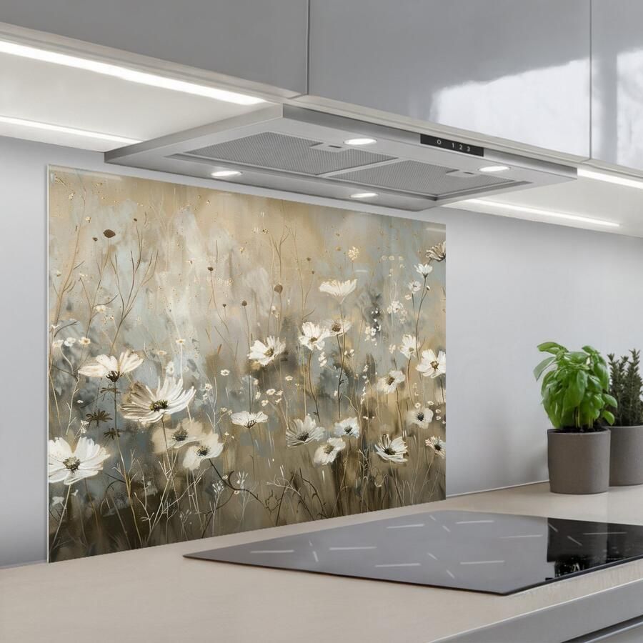 KitchenYeah Spatscherm 80x60 cm Zelfklevende achterwand Bloemen Wit Natuur Grijs Modern Keuken muurbeschermer Spatwand fornuis