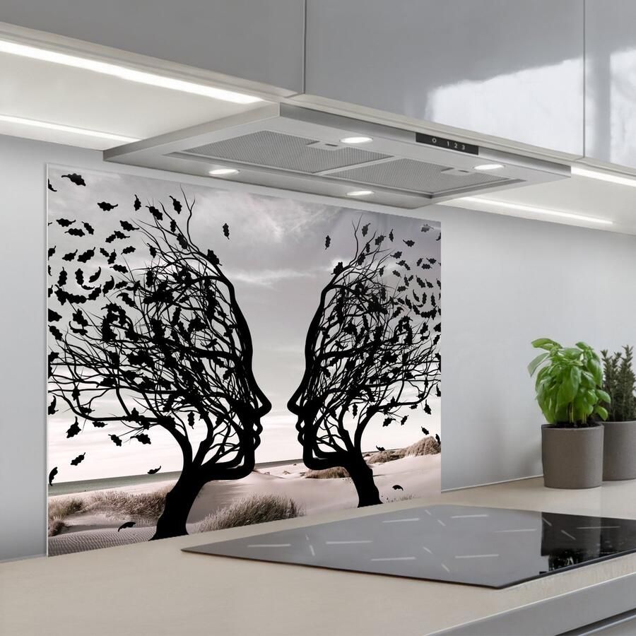 KitchenYeah Spatscherm 80x60 cm Zelfklevende achterwand Bomen Gezicht Bladeren Moderne kunst Keuken muurbeschermer Spatwand fornuis