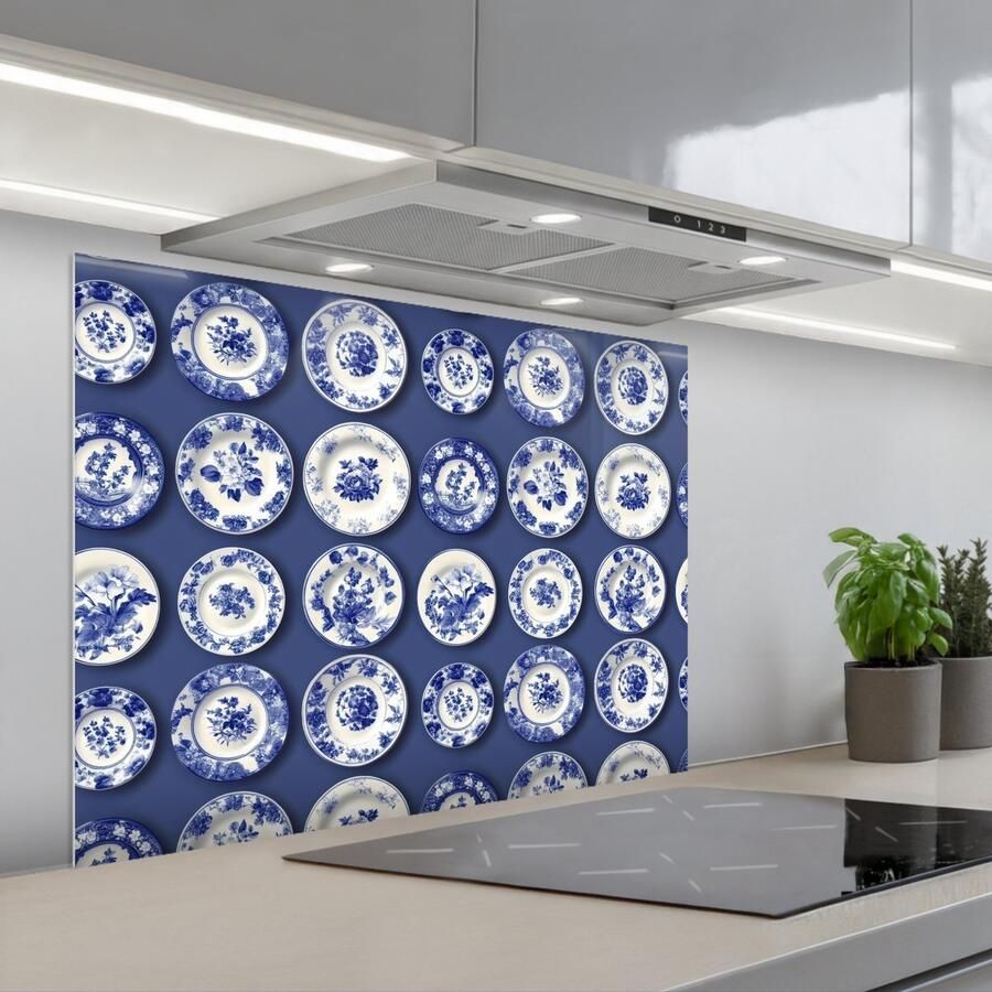 KitchenYeah Spatscherm 80x60 cm Zelfklevende achterwand Borden Floraal Blauw Keuken muurbeschermer Spatwand fornuis