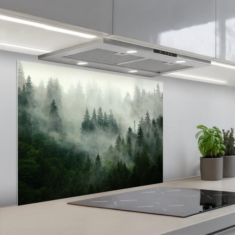KitchenYeah Spatscherm 80x60 cm Zelfklevende achterwand Bos Mist Bomen Natuur Keuken muurbeschermer Spatwand fornuis