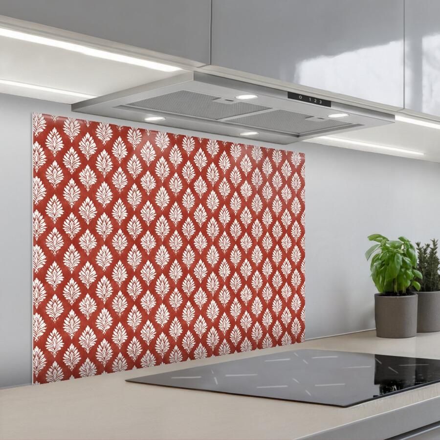 KitchenYeah Spatscherm 80x60 cm Zelfklevende achterwand Chic Patroon Rood Wit Keuken muurbeschermer Spatwand fornuis