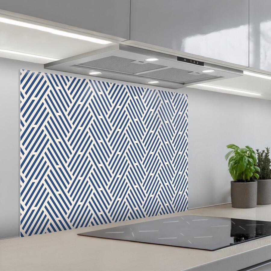 KitchenYeah Spatscherm 90x70 cm Zelfklevende achterwand Crème Blauw Strepen Patroon Keuken muurbeschermer Spatwand fornuis