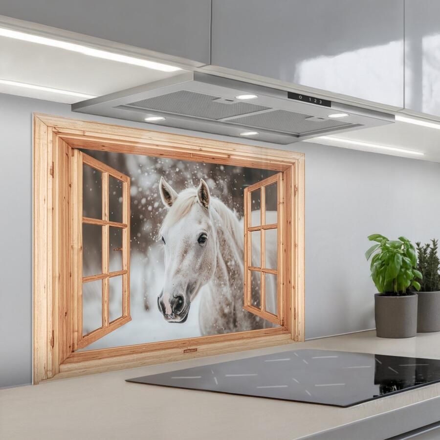 KitchenYeah Spatscherm 80x60 cm Zelfklevende achterwand Doorkijk Paard Wit Winter Sneeuw Dieren Keuken muurbeschermer Spatwand fornuis