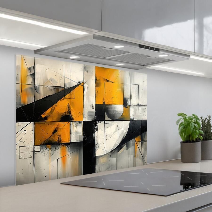 KitchenYeah Spatscherm 80x60 cm Zelfklevende achterwand Geel Abstract Modern Vormen Keuken muurbeschermer Spatwand fornuis