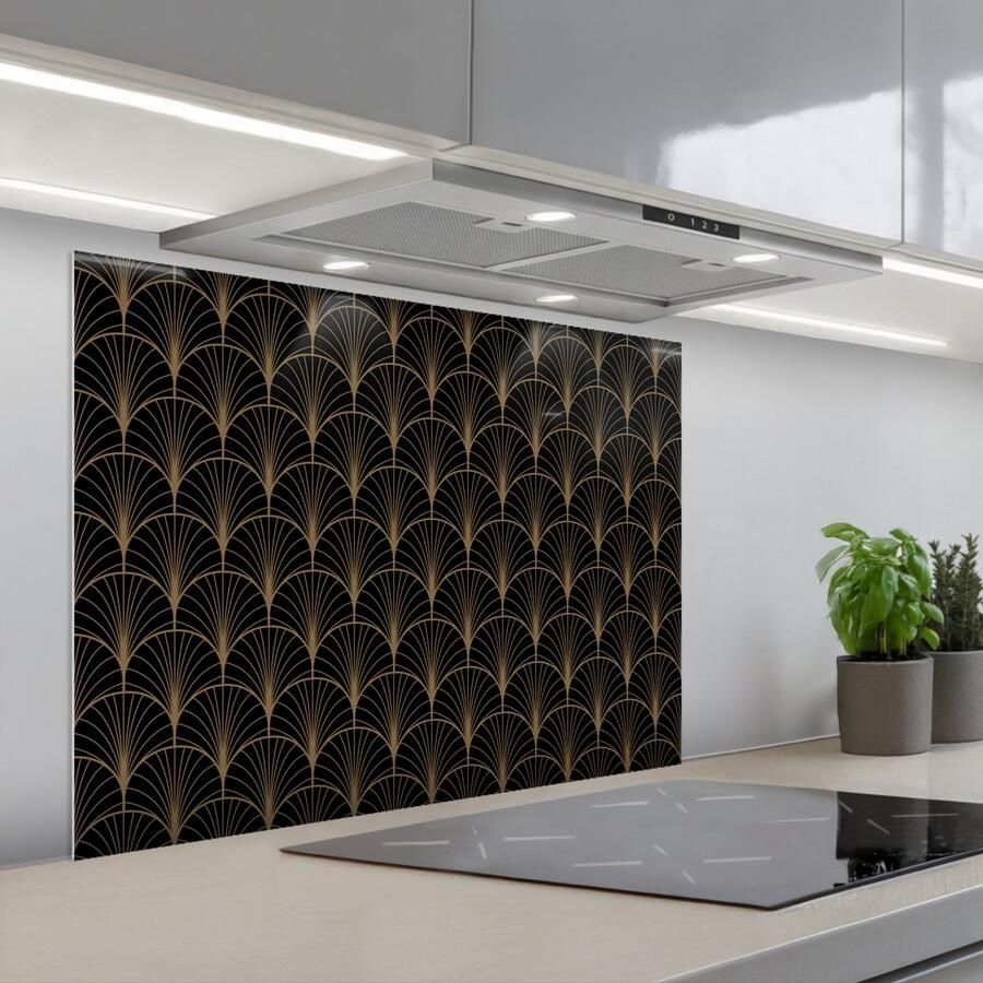 KitchenYeah Spatscherm 80x60 cm Zelfklevende achterwand Gouden Waaiers Zwart Keuken muurbeschermer Spatwand fornuis