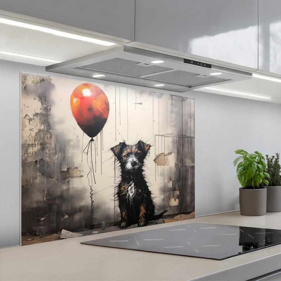 KitchenYeah Spatscherm 80x60 cm Zelfklevende achterwand Graffiti Hond Ballon Dieren Keuken muurbeschermer Spatwand fornuis